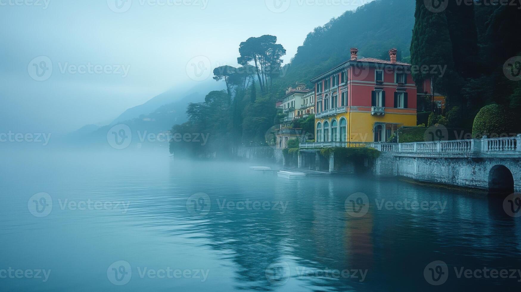 Lake view. Colorful building stands near calm water. Mist rolling in on a foggy morning. Trees line mountains in the background. photo