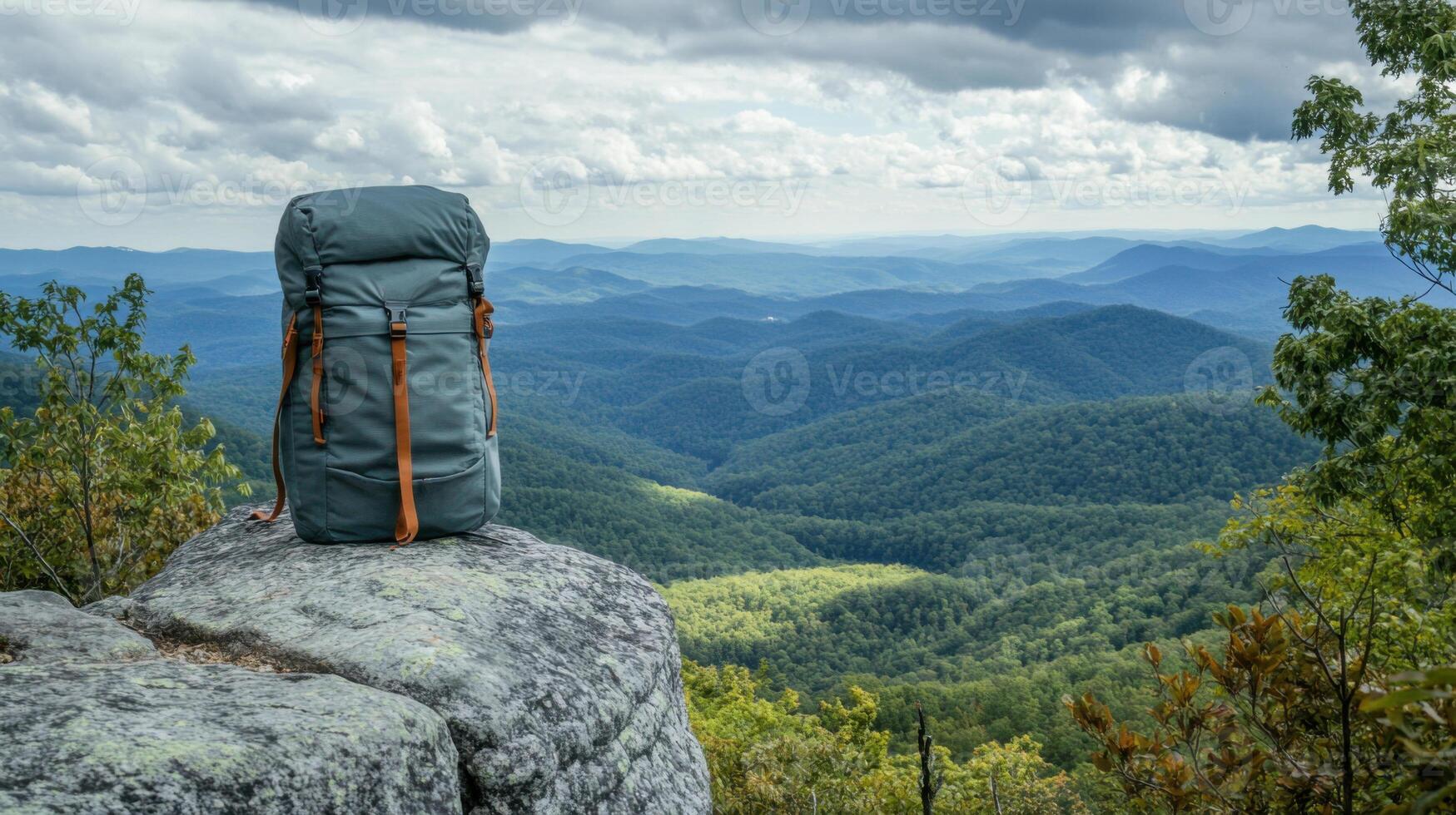 Backpack rests on rock. Hills and forest fill background. Cloudy skies above. Hiking gear on a peak. Landscape scene. Adventure travel. photo