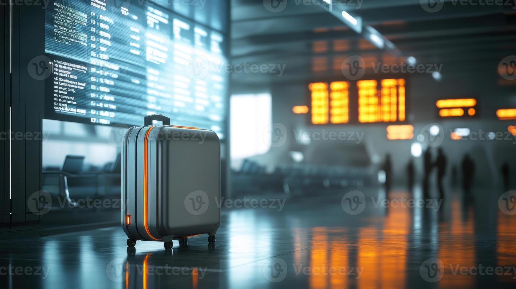 Suitcase stands in a public transport station with departure board background. Shiny floor. Travel and tourism concept. photo
