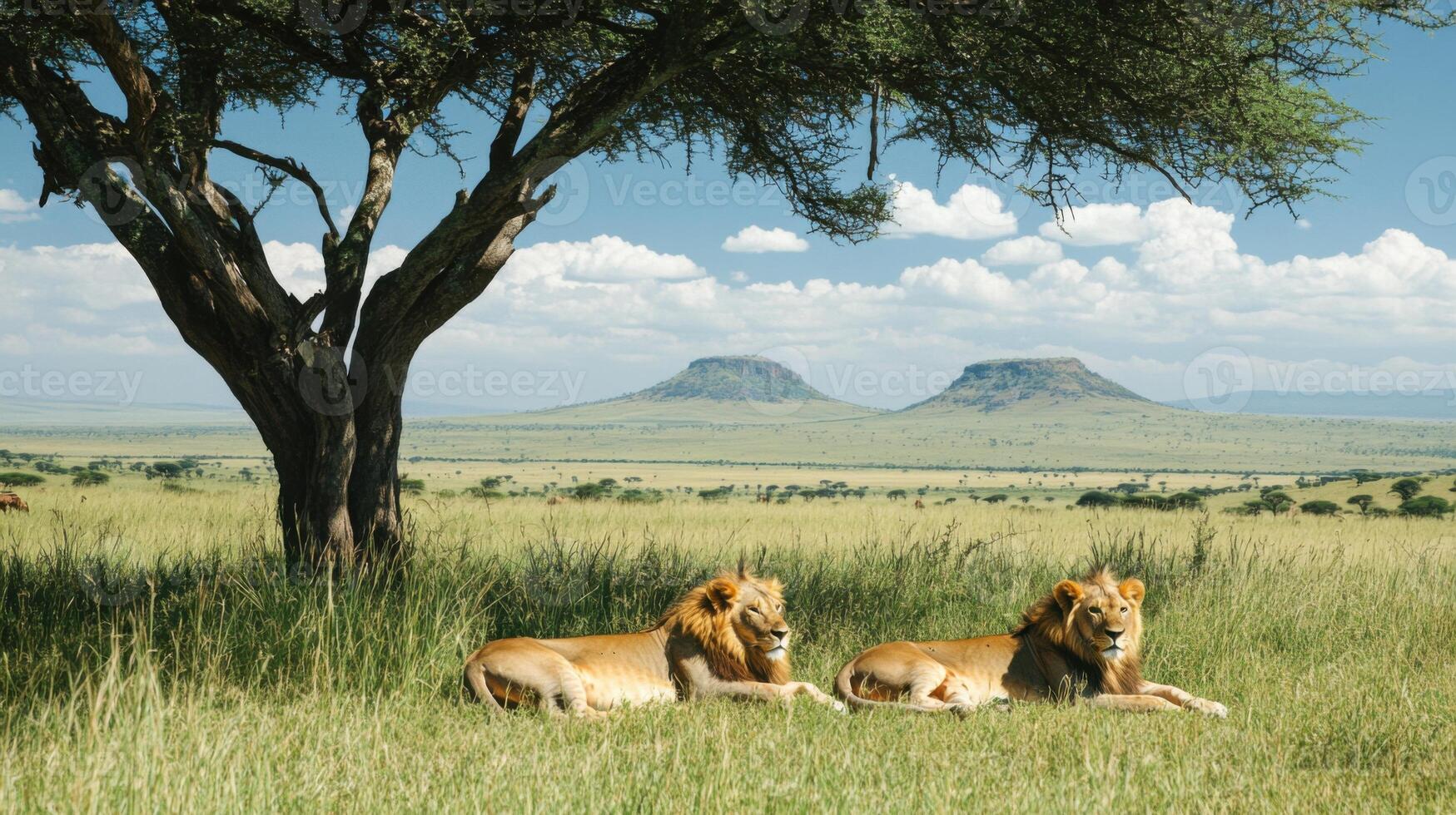 Two lions resting in grass. Large tree with open sky. African plain with hills in distance. Sunny day in nature. photo