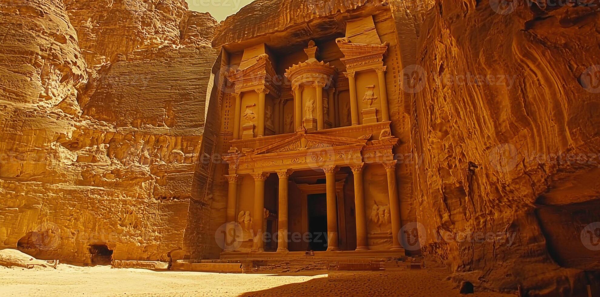 Petra Jordan Stone building in desert canyon. Ancient carved structure with pillars. Sand ground and canyon walls. Middle east travel and architecture. photo