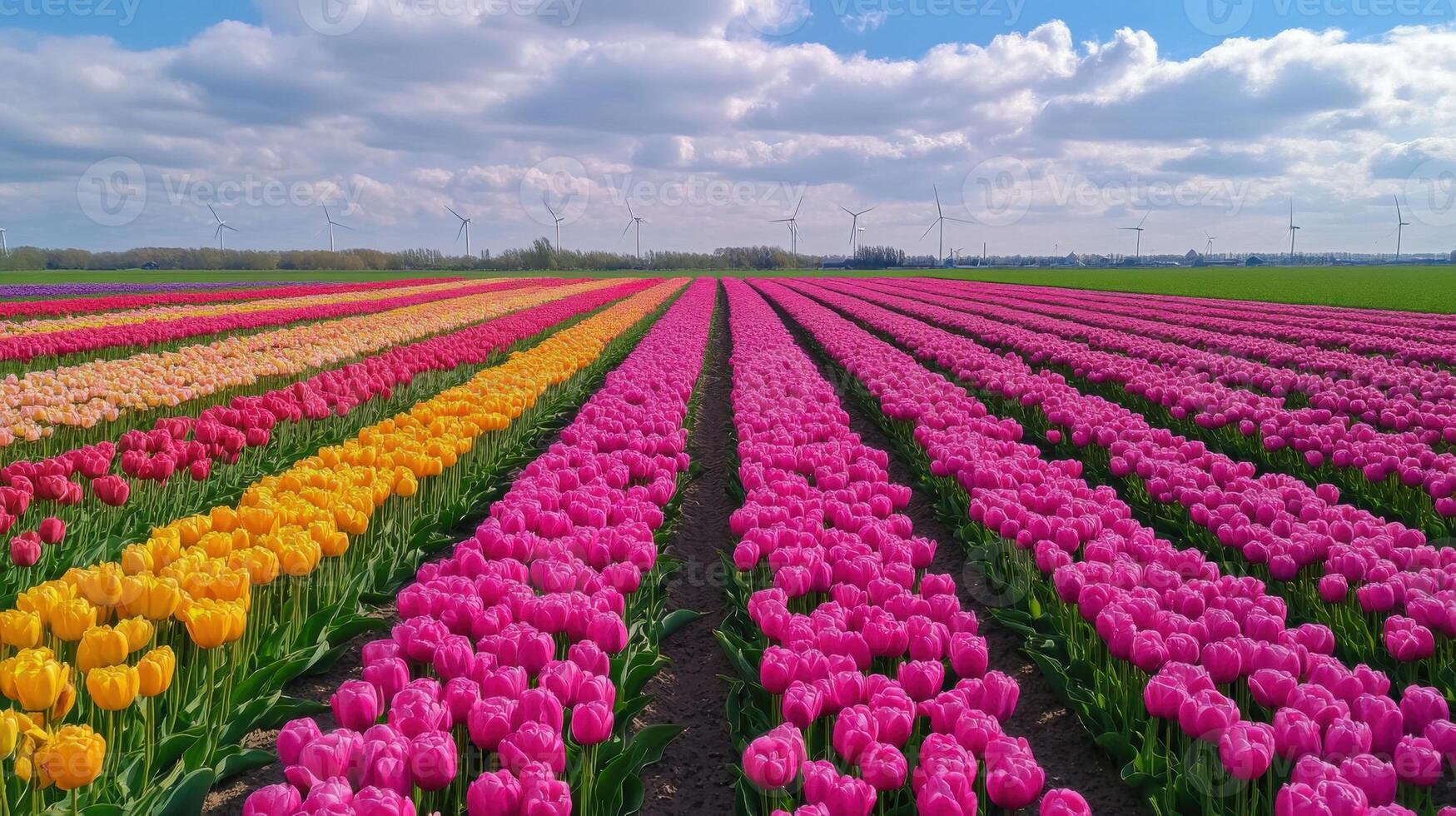 Tulip field blooms. Rows of colorful tulips. Flowers grow in springtime. Wind turbines in the distance. Beautiful sky and clouds above the vibrant flower field. photo
