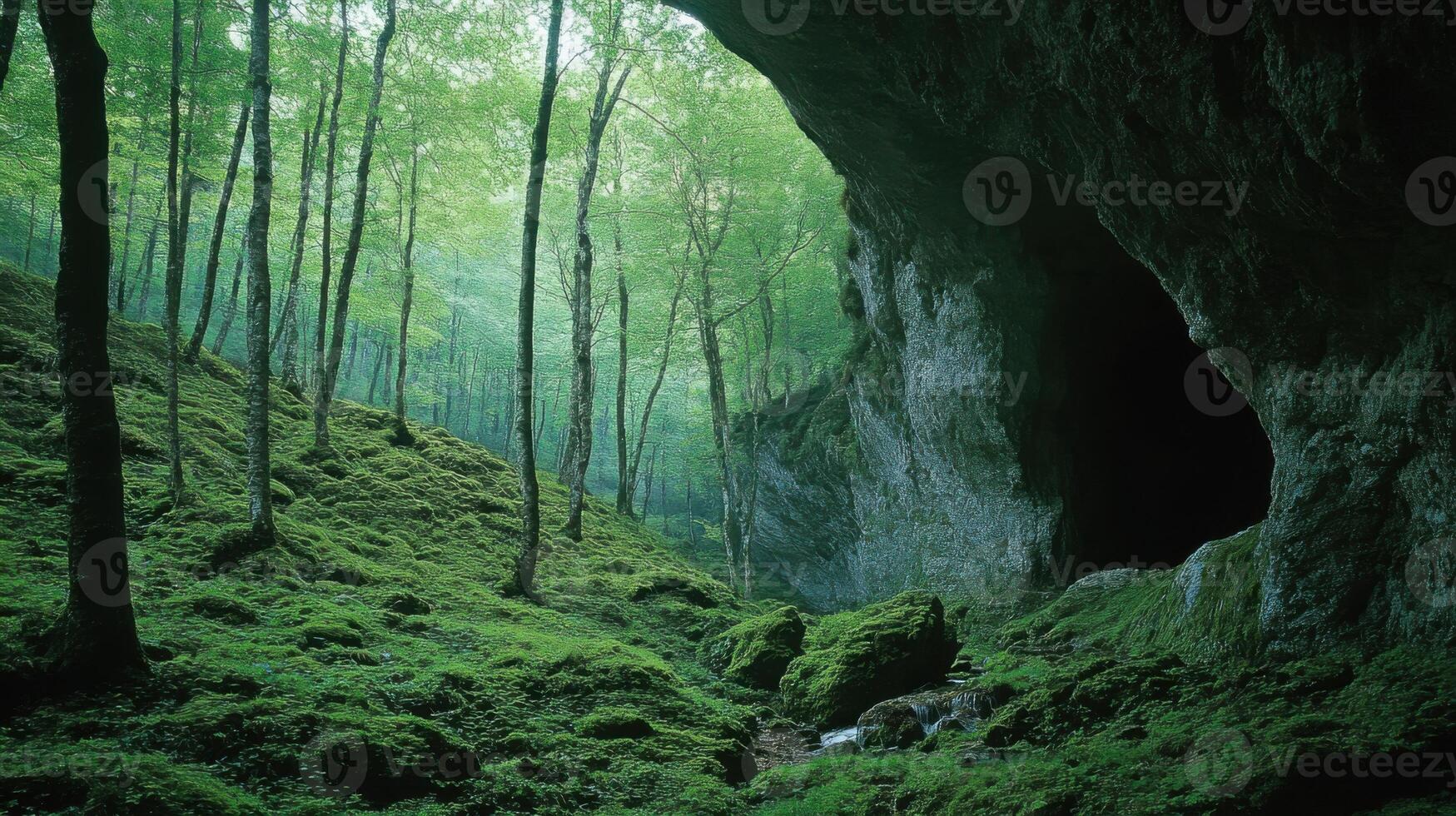 Forest and cave. Green nature scene. Landscape with trees and moss. Rock formation with natural light. Peaceful outdoor scenery. Trees lead to cave. photo