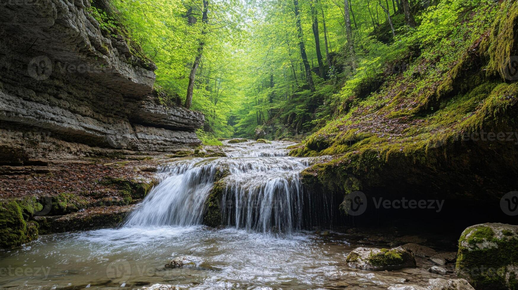 Forest landscape with flowing water. Small waterfall in a green forest with moss. Beautiful nature background with a river in rocks. photo