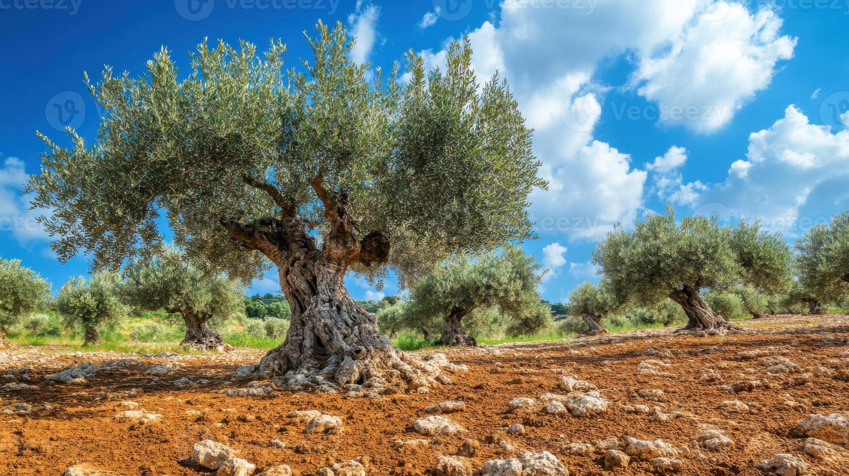Olive trees grow in field. Green leaves and branches against blue sky with clouds. Scenic landscape with agriculture and nature. photo