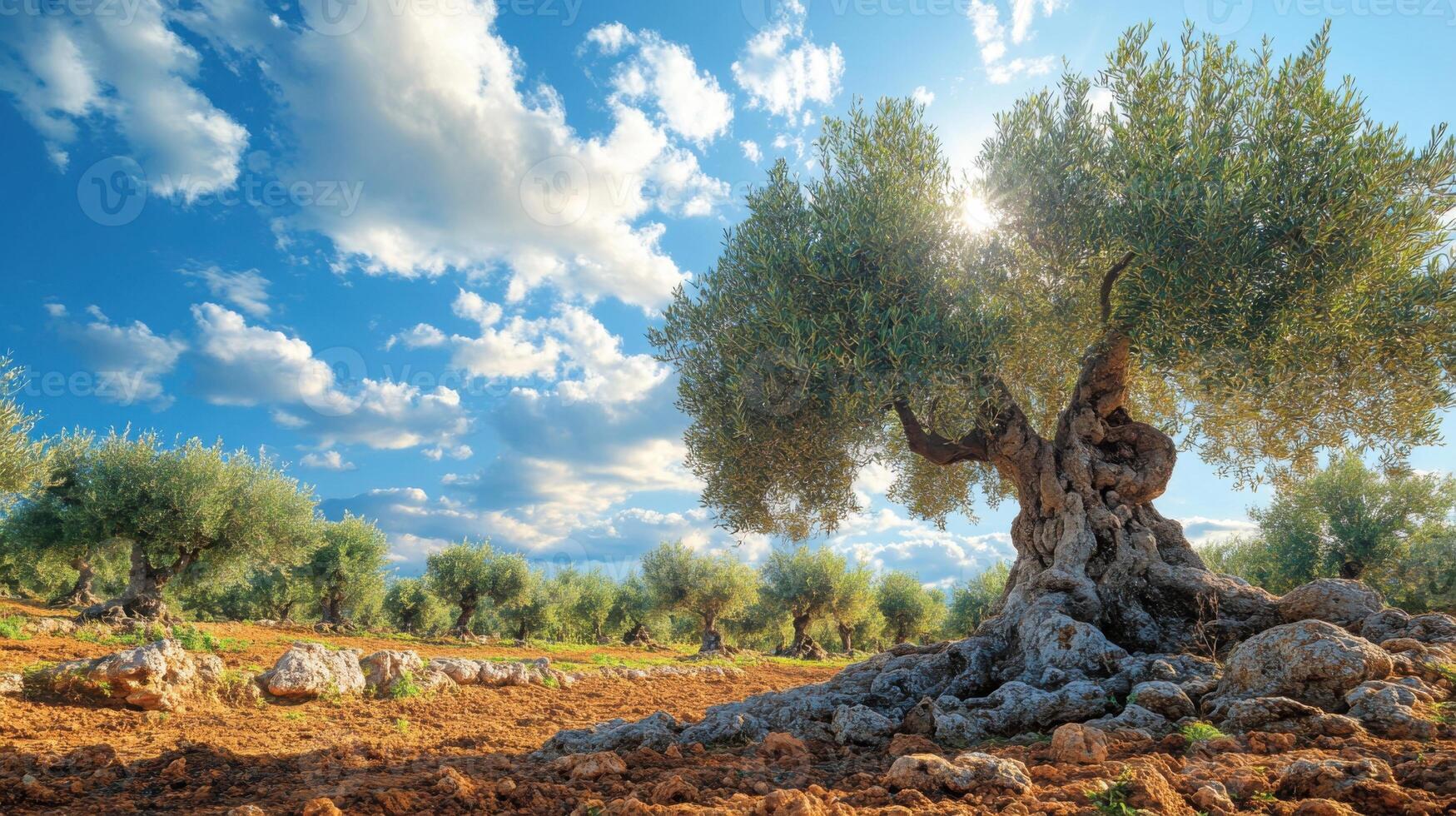 Olive tree field with blue sky and clouds. Sunny day in nature. Old tree standing in field. Scenic landscape with trees. photo