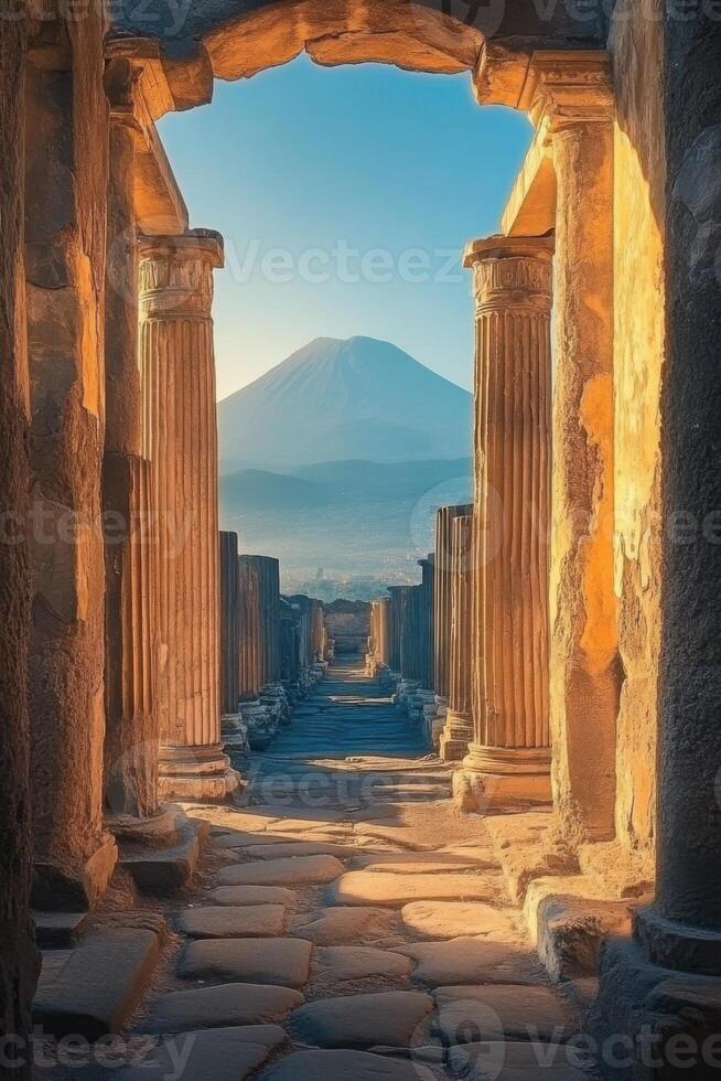Ancient ruins and stone path leading to mountain. Light shines on old columns in sunny day. Scenic old passage toward volcano. photo