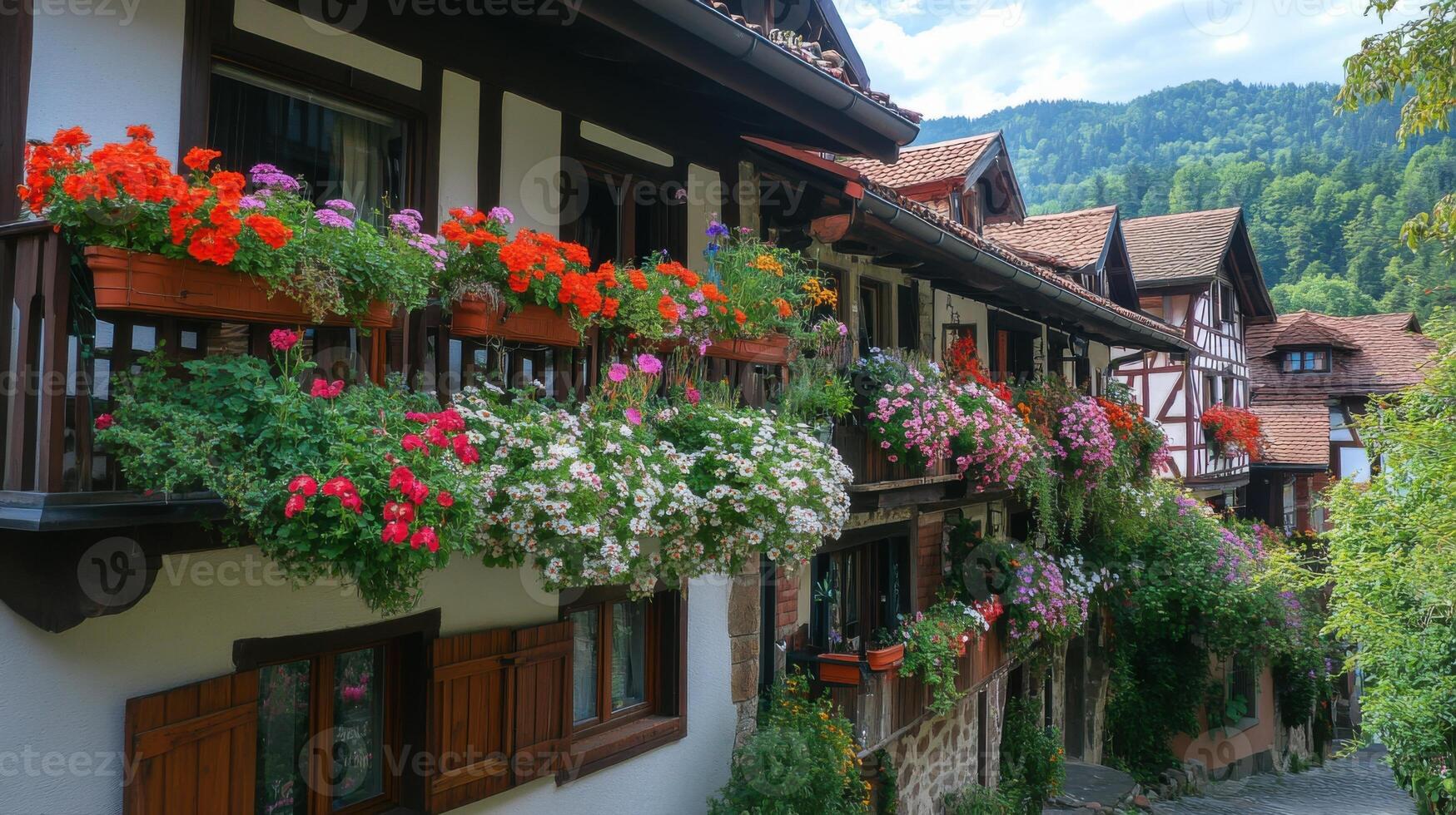 Old houses with flowers. Balconies display flower boxes. Plants overflow the windowsills. Cozy buildings with trees. Traditional European style architecture shows floral beauty. photo