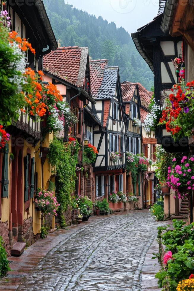 Village street view. Old style houses with flowers. Wet stones on the street. Beautiful landscape. Colorful plants near buildings. photo