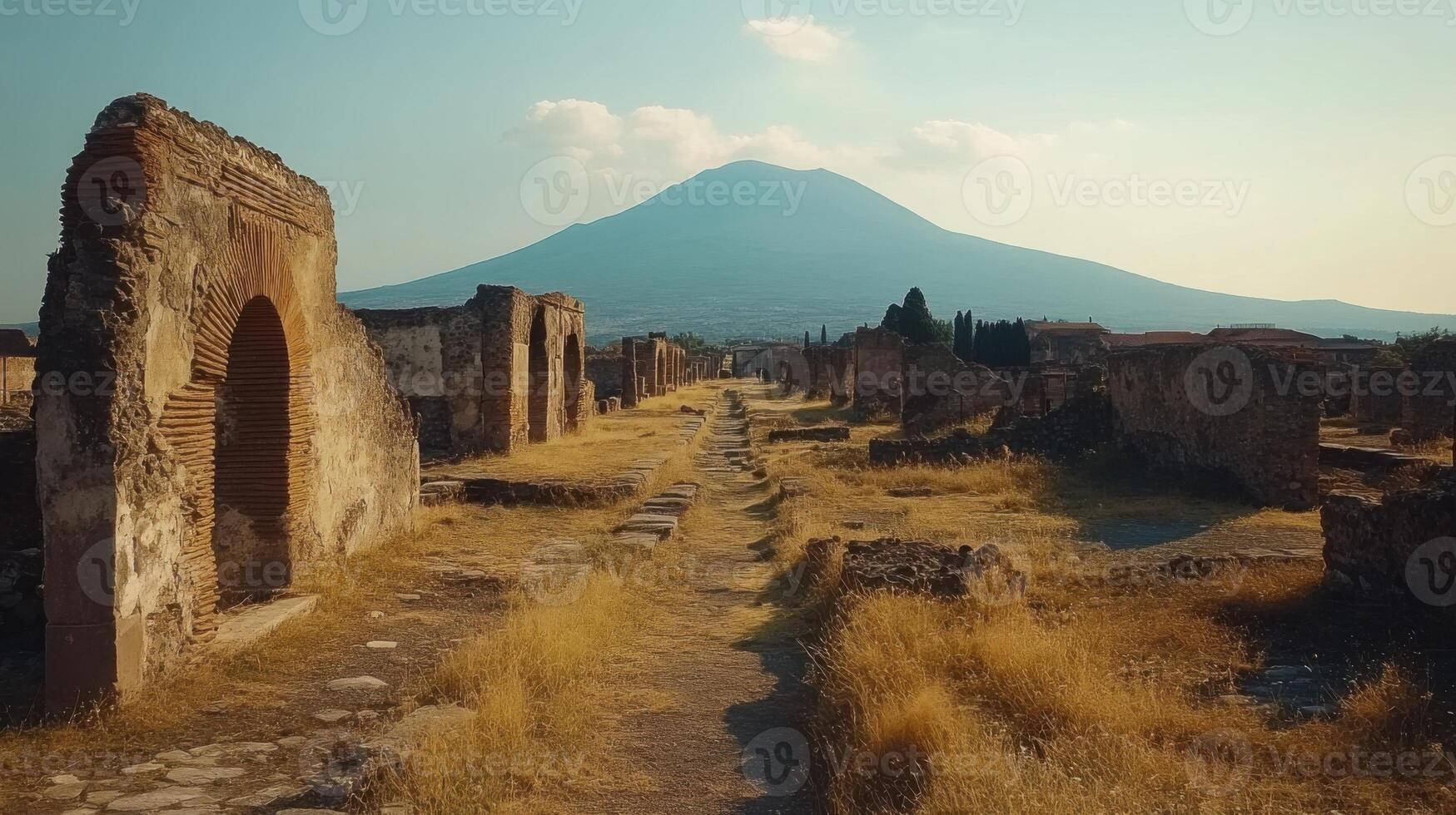 Old ruins landscape. Ancient city architecture. Historic stone building remains. Mountain in background. Open sky. Travel. Adventure. photo
