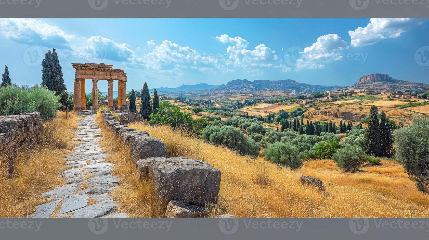 Temple ruins in valley. Ancient stone path with columns and open landscape view. Beautiful sky with light clouds over mountains. photo