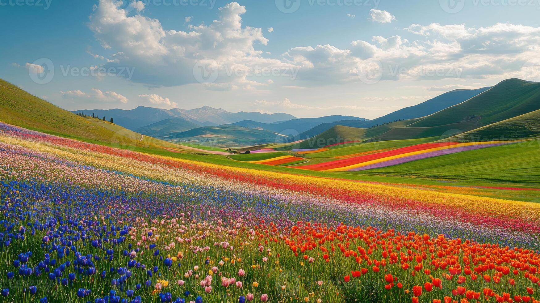 Colorful flower field. Beautiful landscape with hills and flowers. Rainbow bloom. Spring meadow. Floral nature in bloom. Scenic view. Open field with flowers. photo