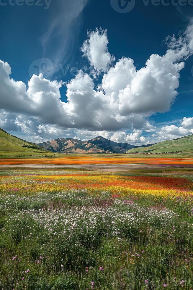 Flower field landscape with many colors. Mountains are distant. Sky is blue with large white clouds. Flowers bloom in nature. Scenic view. photo