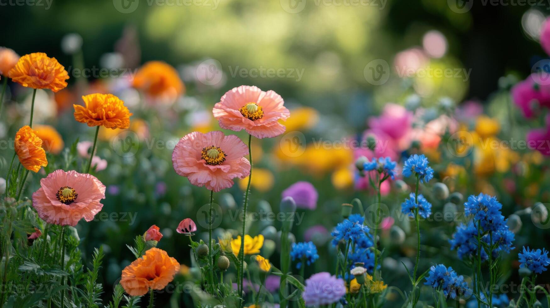 Colorful flowers bloom in field. Garden of orange, pink