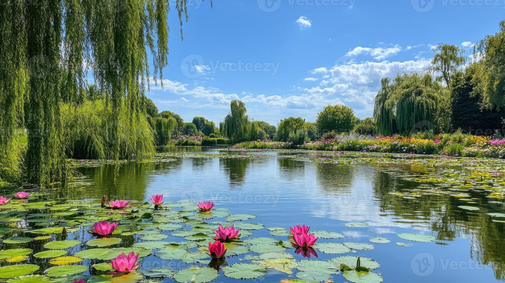 Pond view with water lilies. Pink flowers bloom on water. Trees surround the pond. Blue sky in background. Water reflection. Nature scene. photo