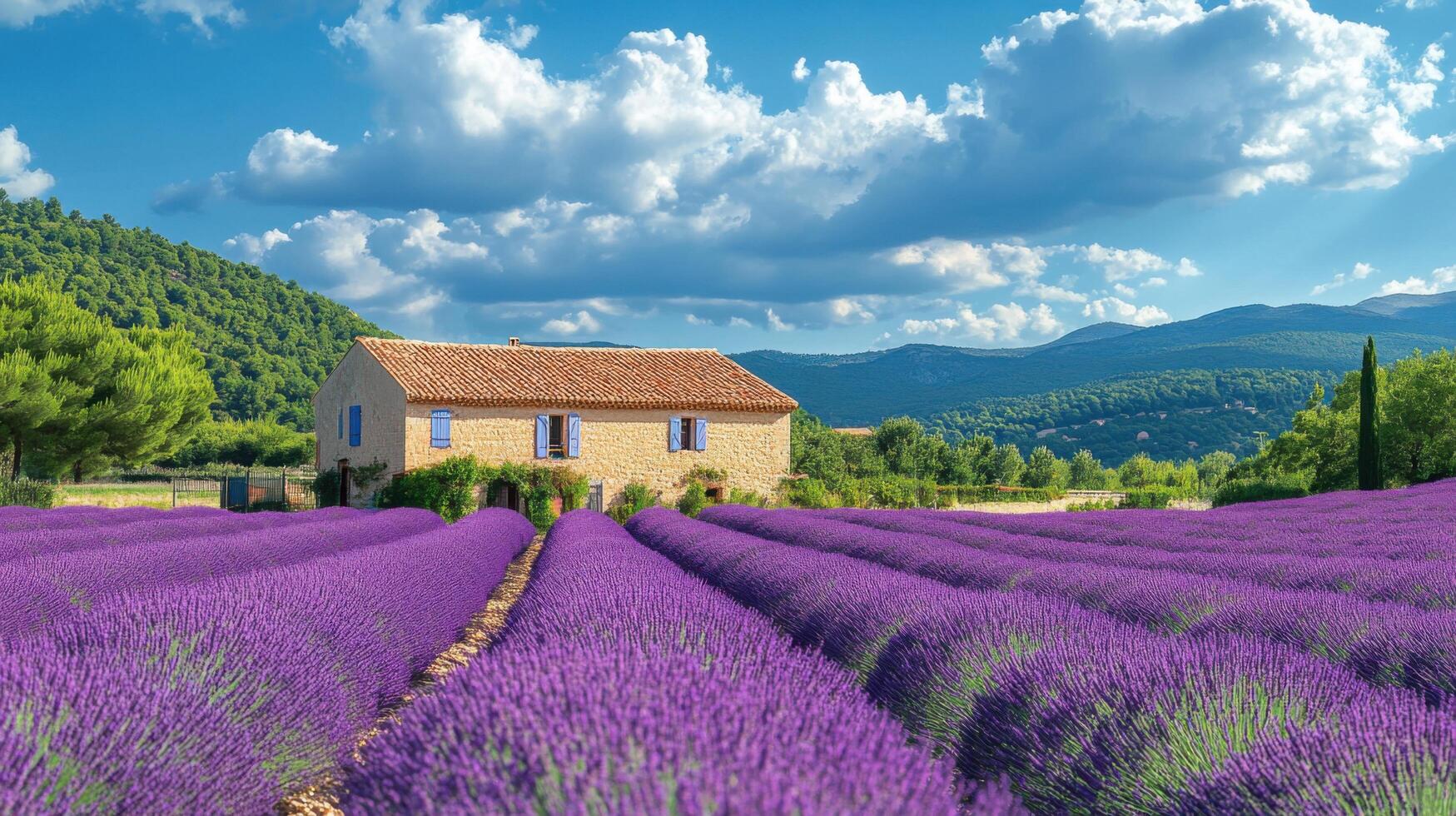 Lavender field blooms near stone house. Blue sky and clouds. Landscape scene with mountain background. photo
