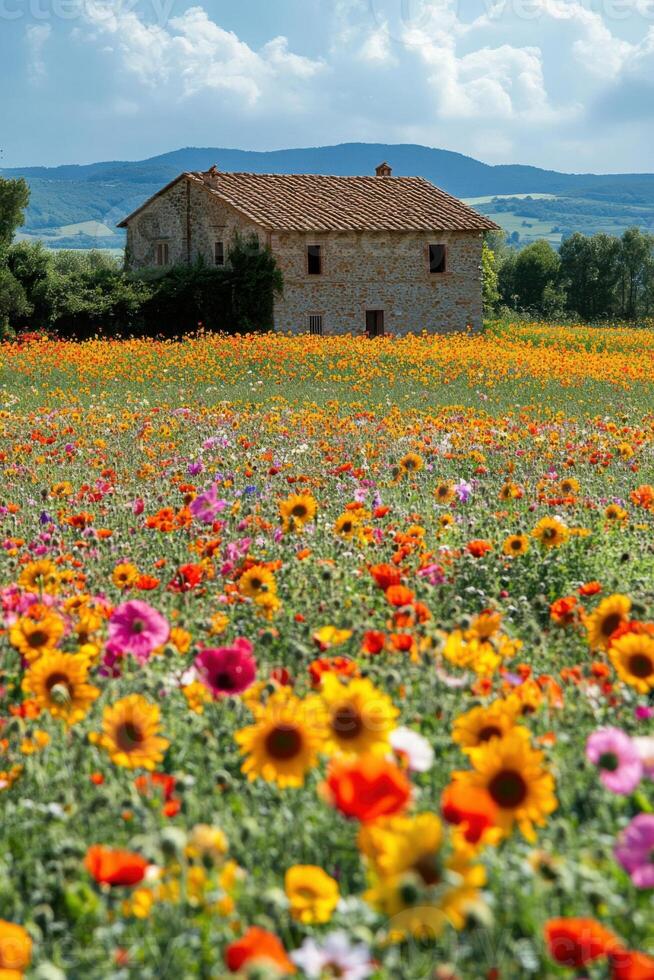 Stone house sits in field of colorful flowers. Sunny day in the countryside. Green hills and blue sky in background. Simple house. Summer flowers. photo