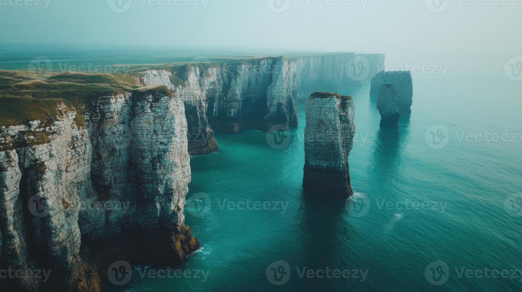 Ocean cliffs view. Stone cliffs drop into the sea. Turquoise water surrounds rocky pillars. Foggy weather with green grass on top. photo