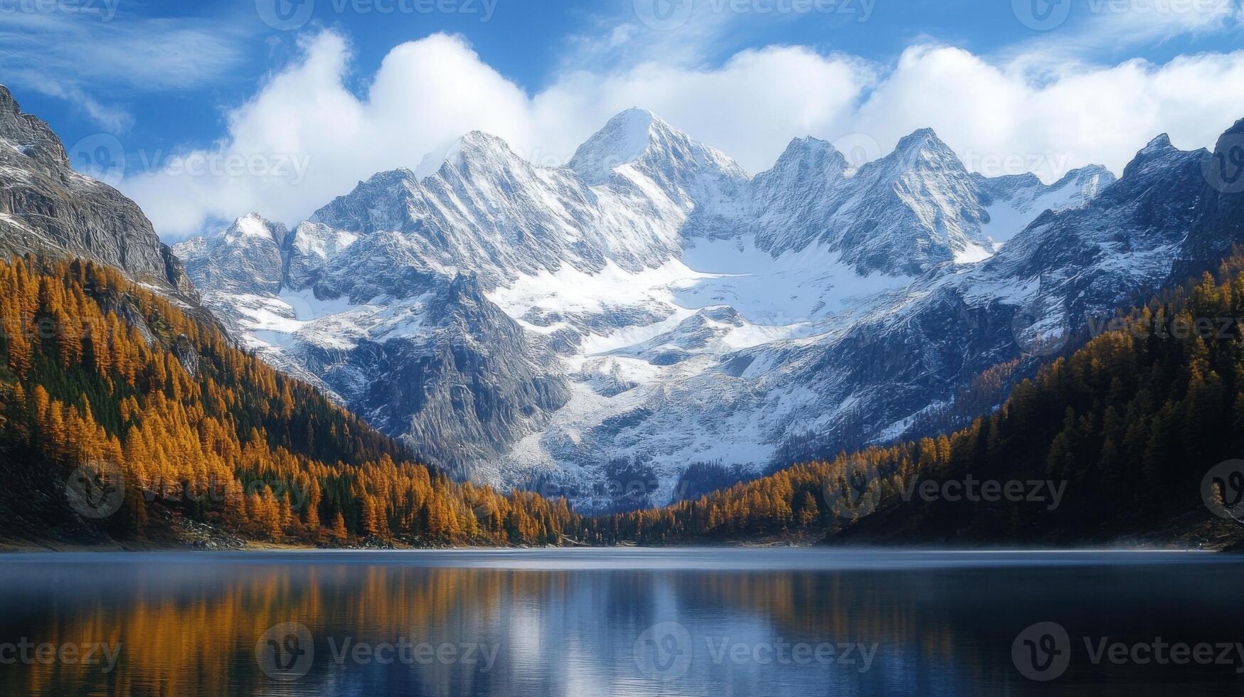 Mountain lake scene. Snow covers peaks. Forest colors glow. Clouds dot the sky. Water reflects mountain. photo