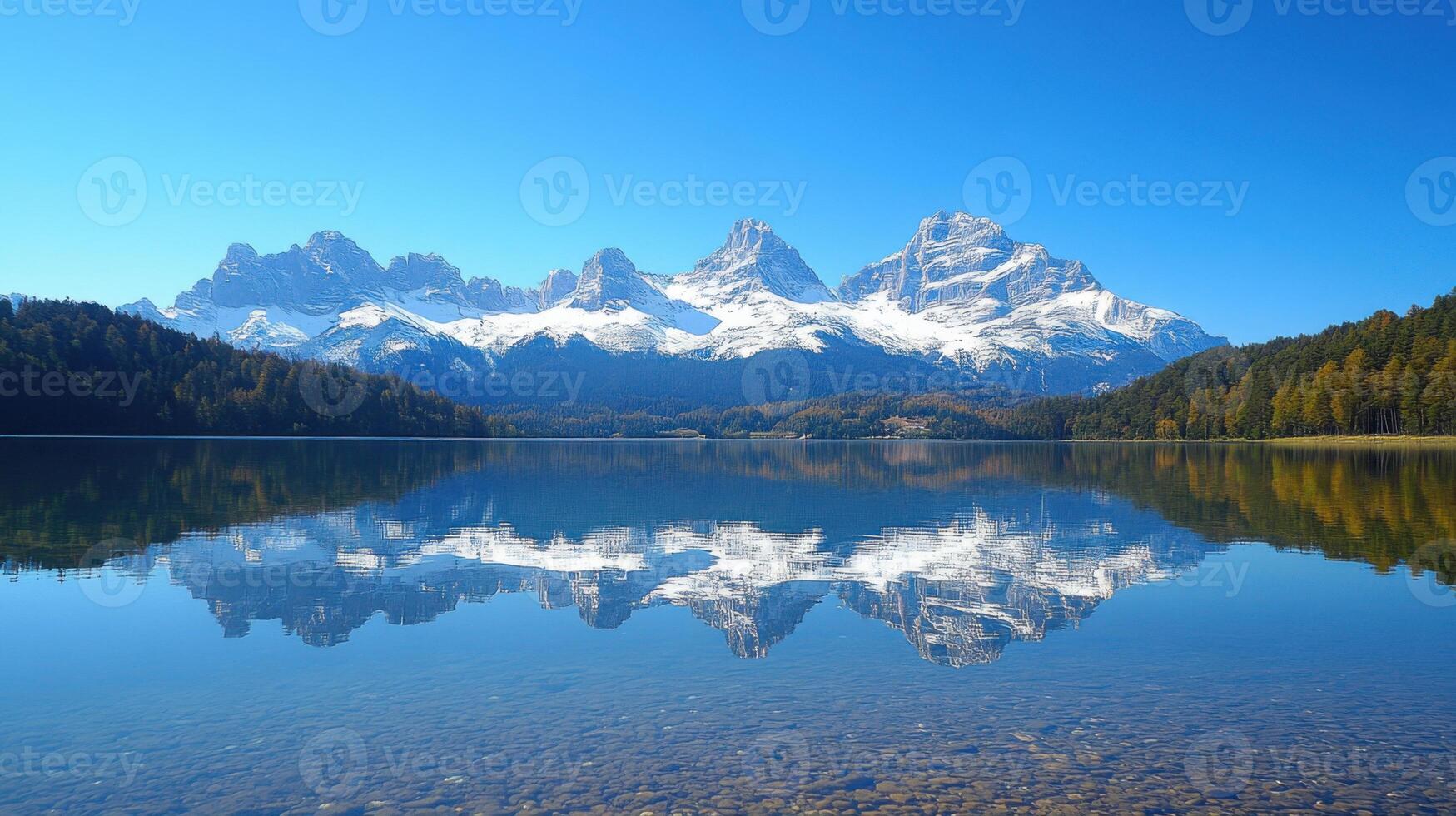 Lake water reflects snowy mountains and trees. Bright day with clear sky. Nature scene with beautiful mirror reflection. Mountain range landscape view. photo