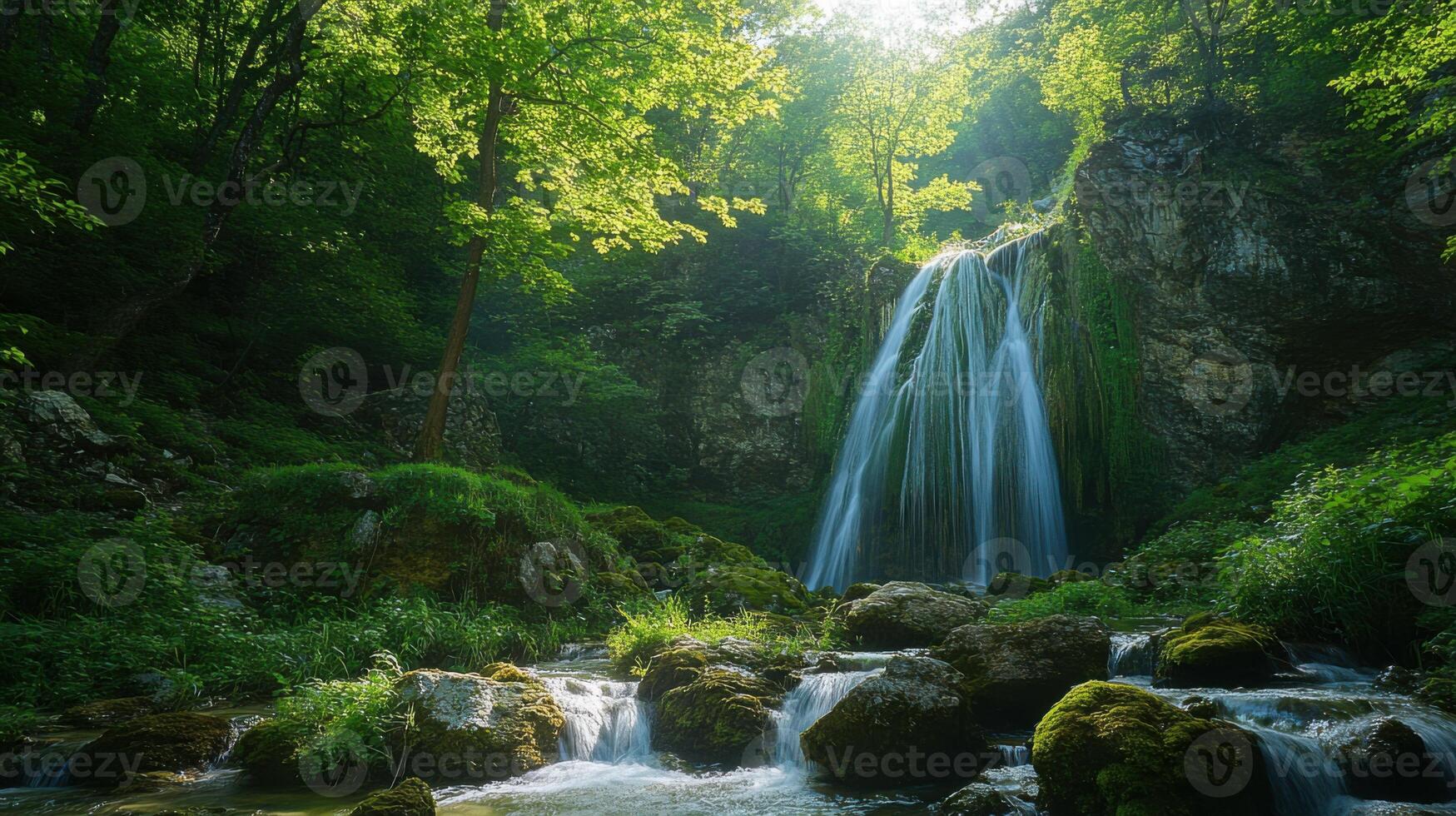 Waterfall flows in green forest. Water falls from rocks. Sunlight on trees and stones. Nature landscape. Cascade in woodland. Natural scenery photo