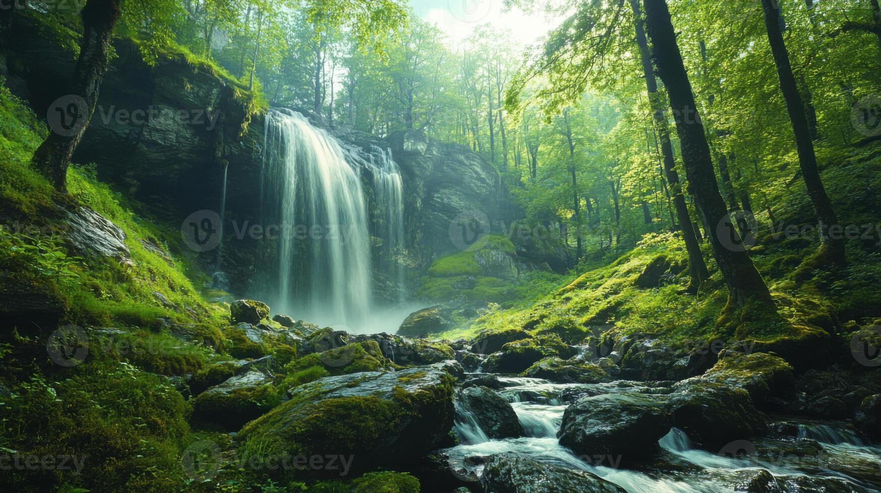 Green forest scene with waterfall and river. Mossy rocks and trees with sunlight shining through leaves. Water flows down the rocks. Peaceful nature. photo