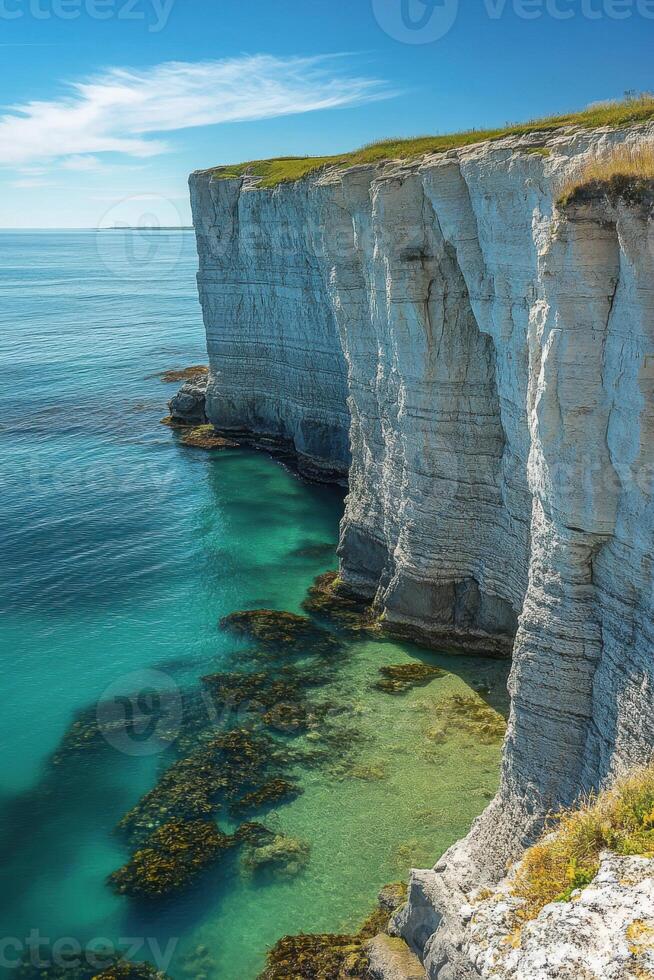 Coastal scene. Tall white cliff meets clear blue water. Grass grows on the cliff. Water is shallow and contains kelp. photo