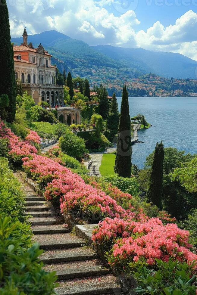 Lake view with steps flowers garden and building. Water mountain background. Summer day landscape with nature and trees. photo