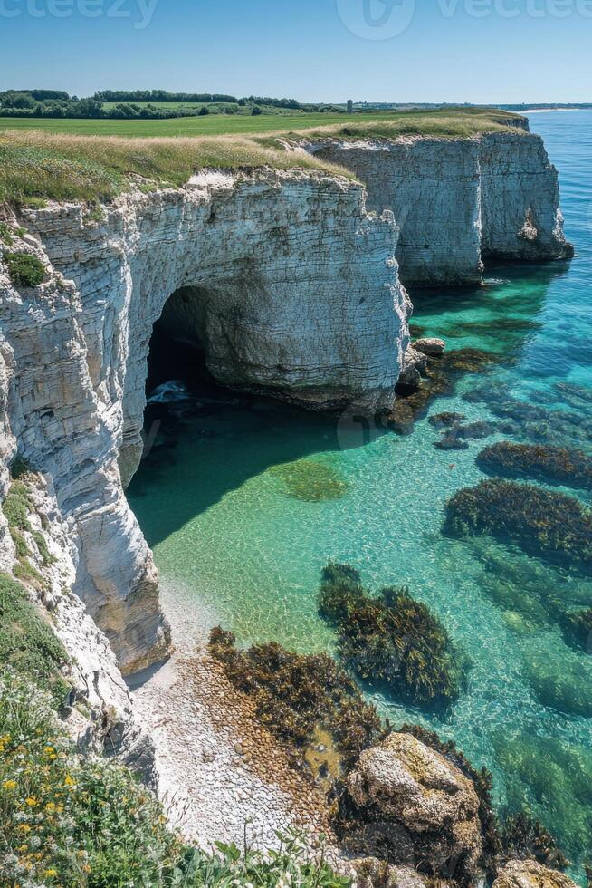 Coast cliffs view. Clear water meets tall rocks. Green grass on top. Beautiful landscape in summer day. Coastal scene with the sea. photo