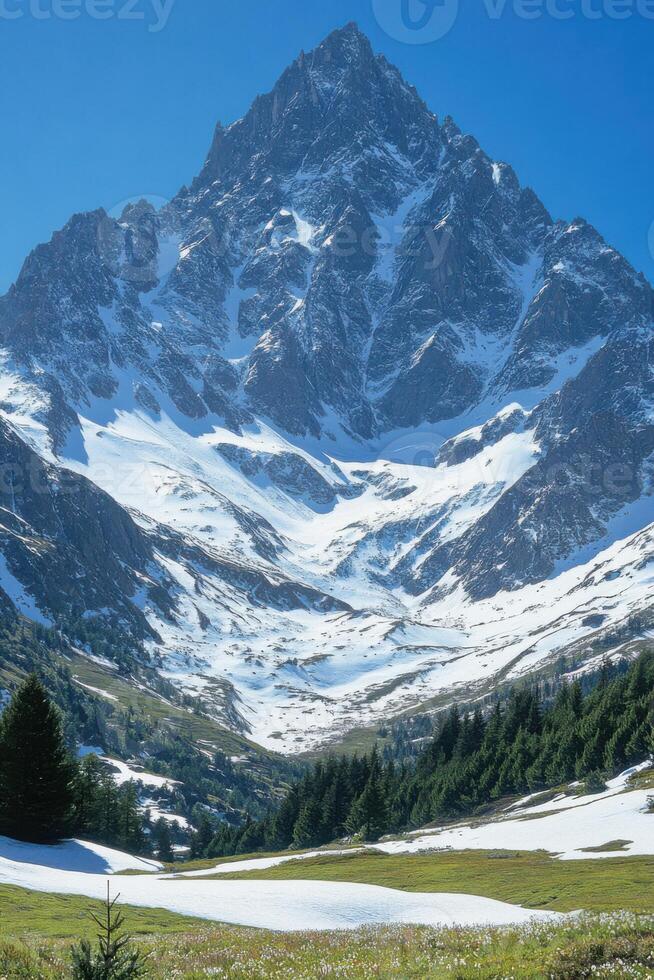 Mountain peak view. Snow covers top of tall mountain. Green trees at bottom of mountain. Blue sky above. Landscape nature scene. photo