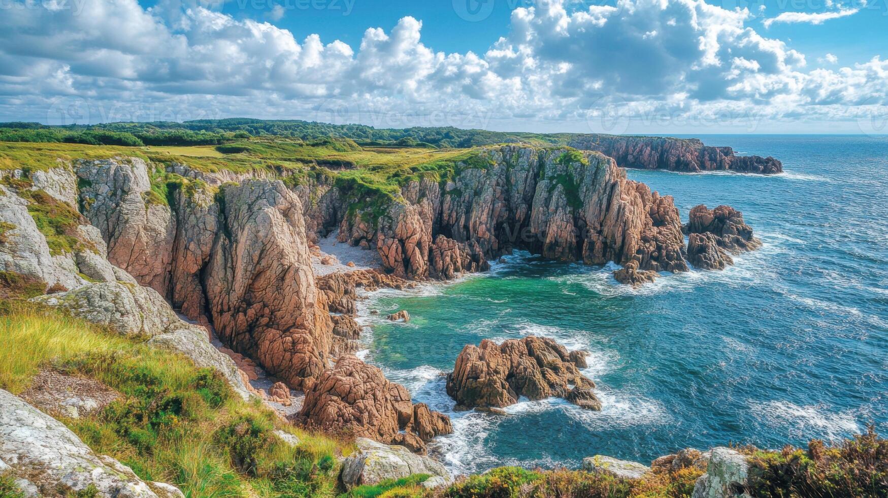 Ocean view from rocky cliffs. Blue water and green hills under bright sky. Waves crashing on rocks. Coastal landscape, nature scene. photo
