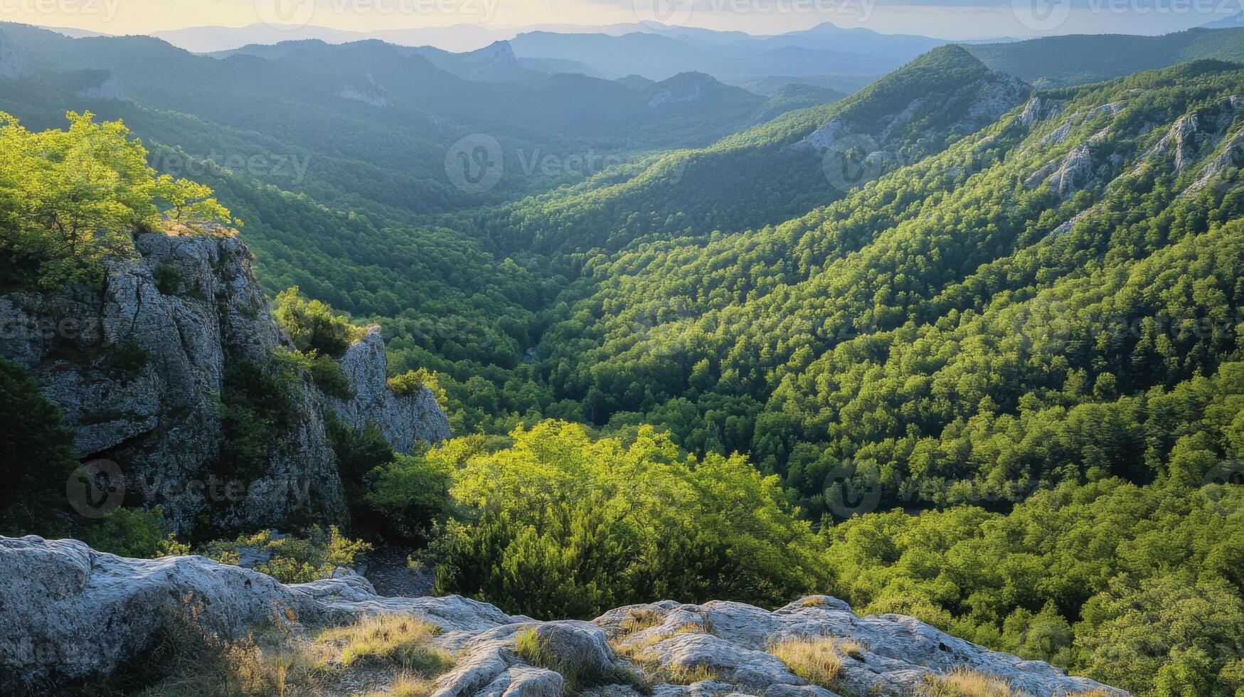 Mountain valley landscape. Green trees fill hills. Rocky cliffs overlook forest. Scenic nature view. Summer sunlight on valley slopes. photo