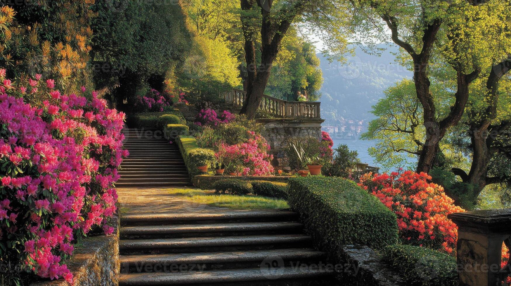 Stone steps climb garden. Pink flowers grow. Trees stand tall. Distant water shines. Plants decorate landscape. Light shines down. Path winds upward. photo