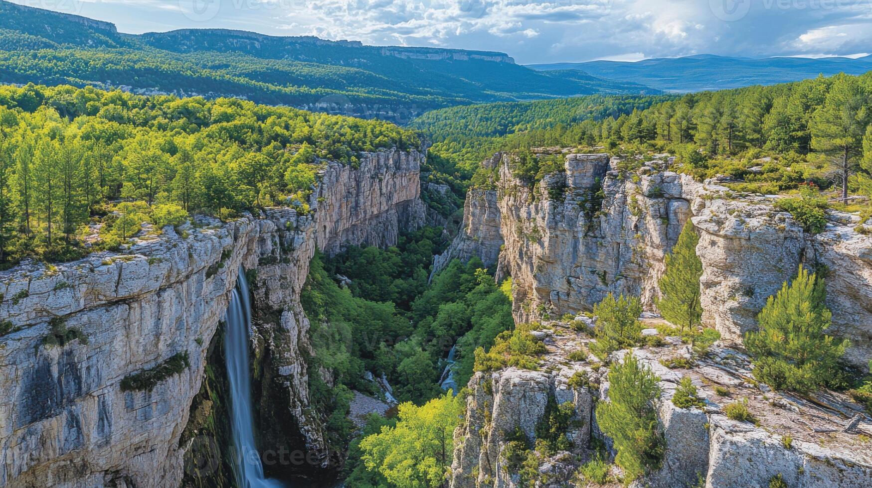 Waterfall plunges into green canyon. Stone cliffs with trees overlook valley. Water flows down rocky face. Forest covers mountains and hills in distance. Nature scenery background. photo