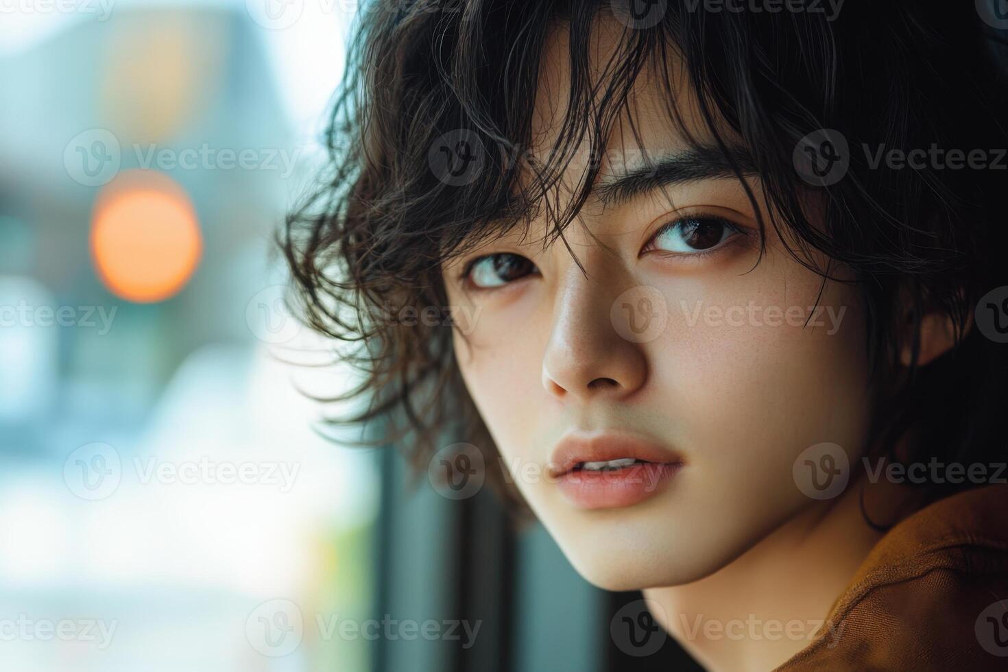 Young person face close up. Dark wavy hair. Neutral expression. Serious gaze portrait. Looking forward. Model with soft skin in natural light. photo