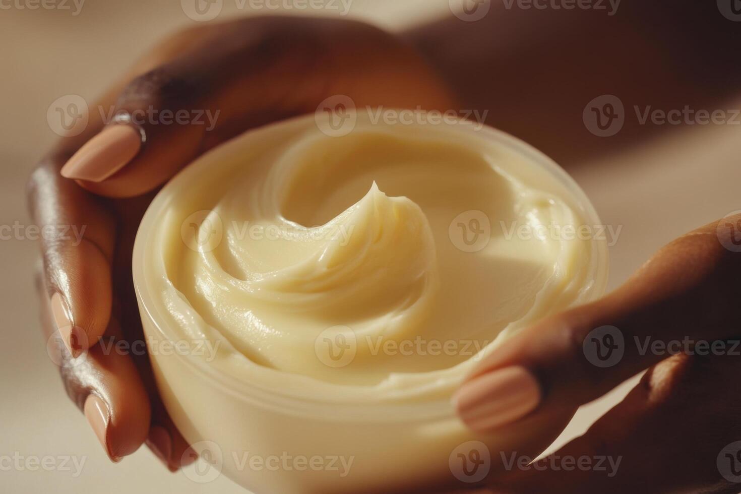 Hands hold cream jar. Soft skin care product. Body butter close up. Nourishing balm in container. Natural light background. Simple and minimal style. photo