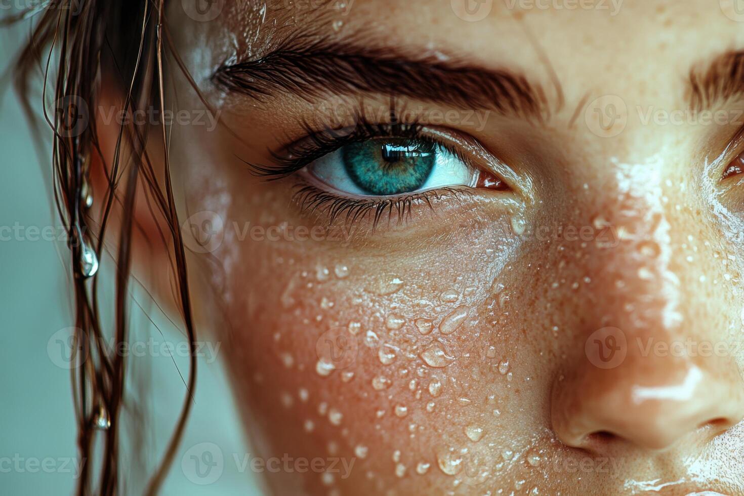Face Detail With Water Droplets. Close Up on Skin and Eye. Focus on Texture. Fresh and Wet. Beauty Concept. photo