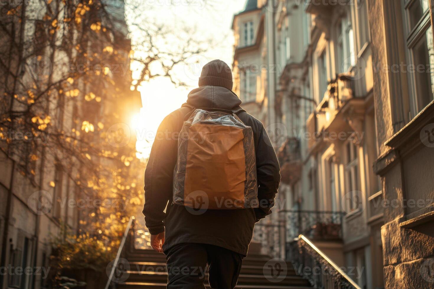 Man with backpack walks up stairs. Sunlight shines between buildings. Autumn colors create warm glow. Travel and explore the city. photo
