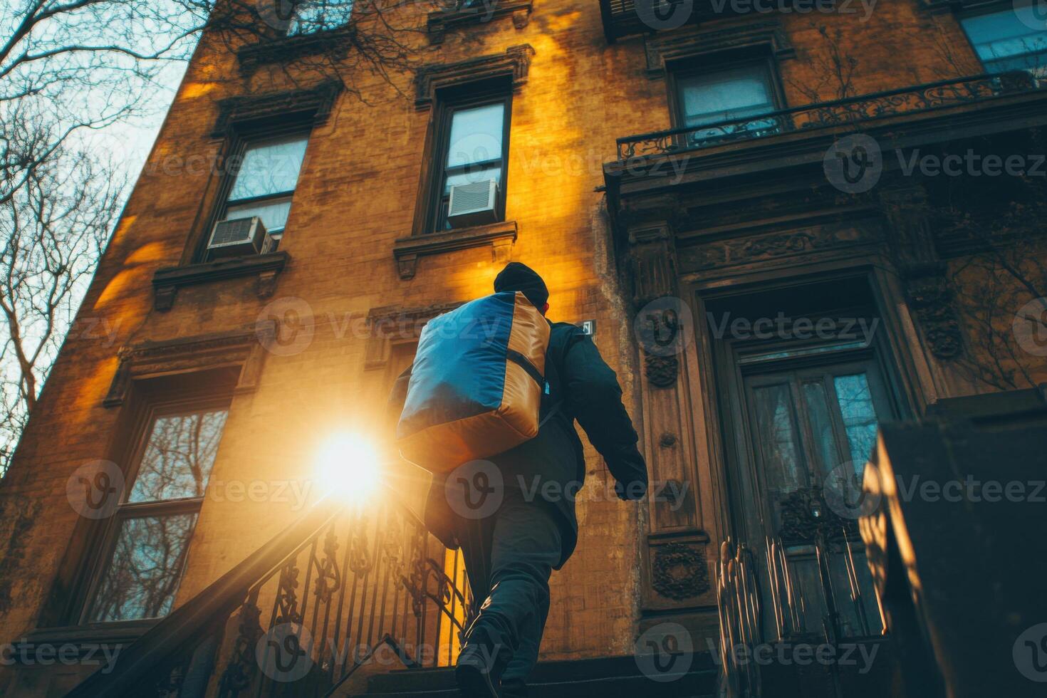 City building with steps. Person wearing backpack is walking towards a door. Light is bright. Urban lifestyle concept. photo