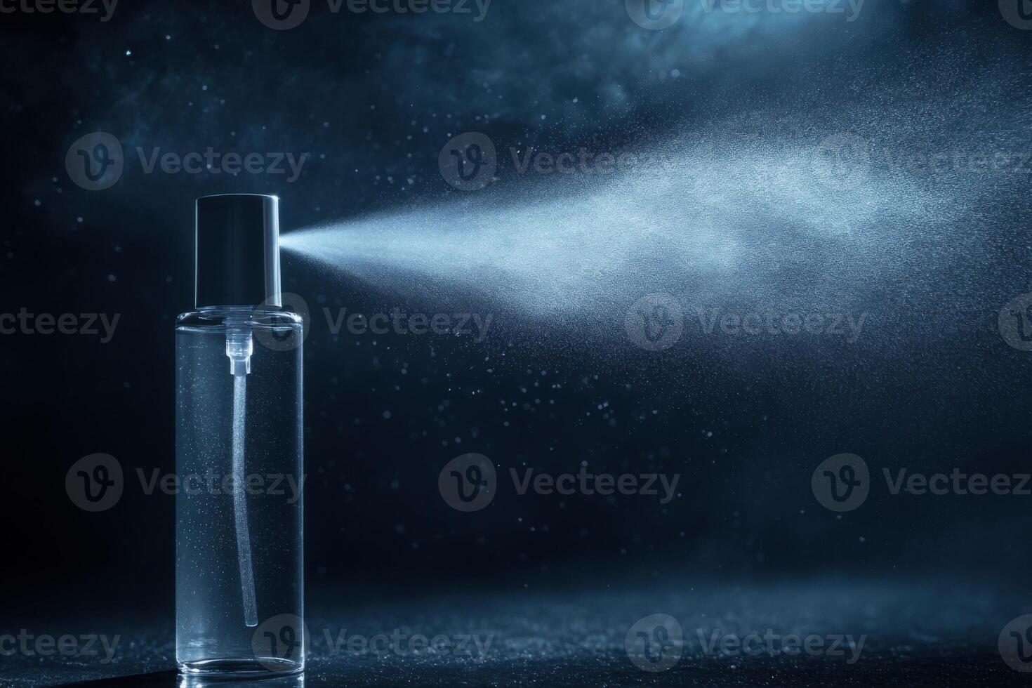 Glass bottle sprays a fine mist. Cosmetic liquid spray from transparent container. Blue dark background shows the spray in motion. Abstract water drop with bottle. photo