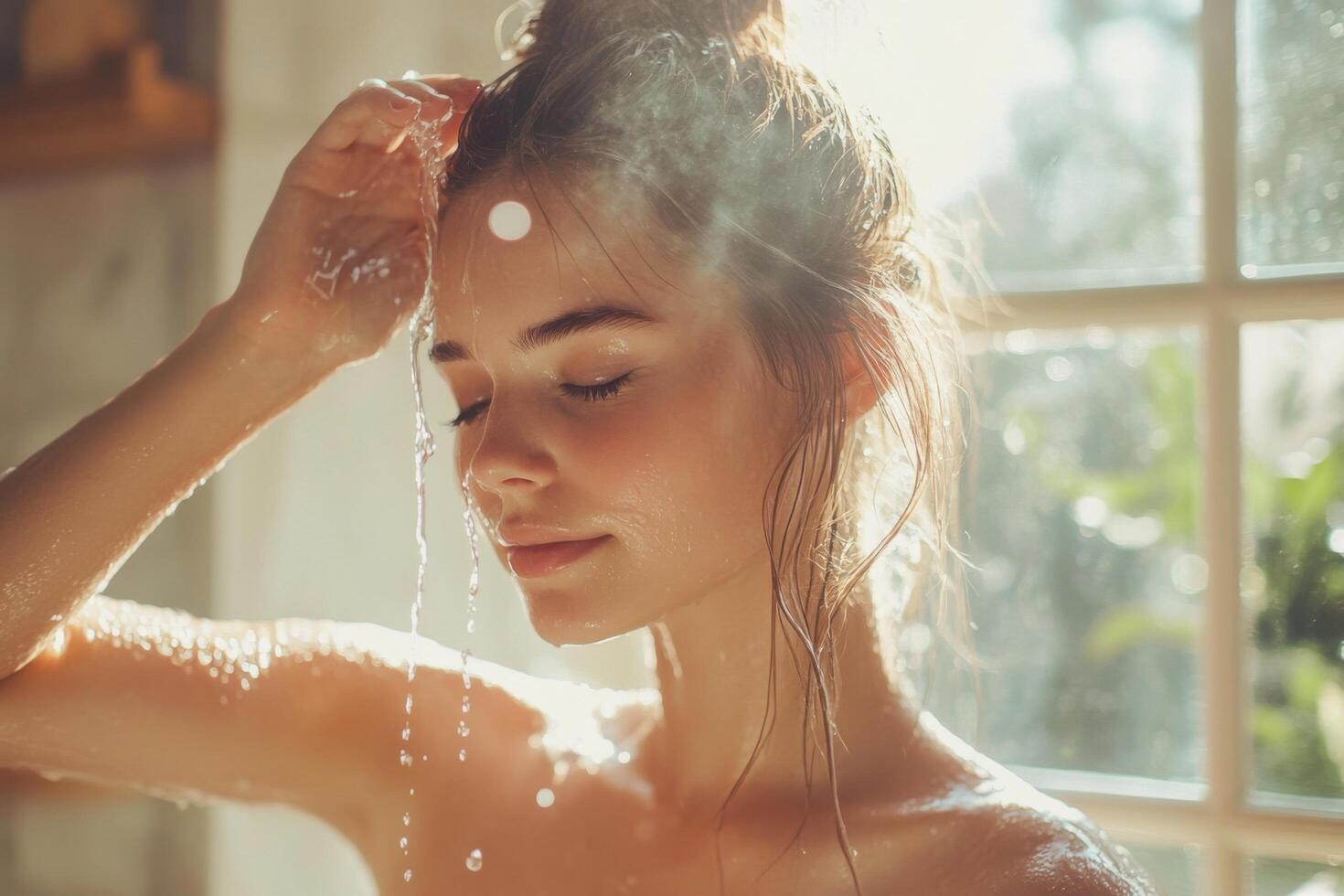 Young woman washes her hair in the shower. Water flows on her face and shoulder. Natural light from window. photo