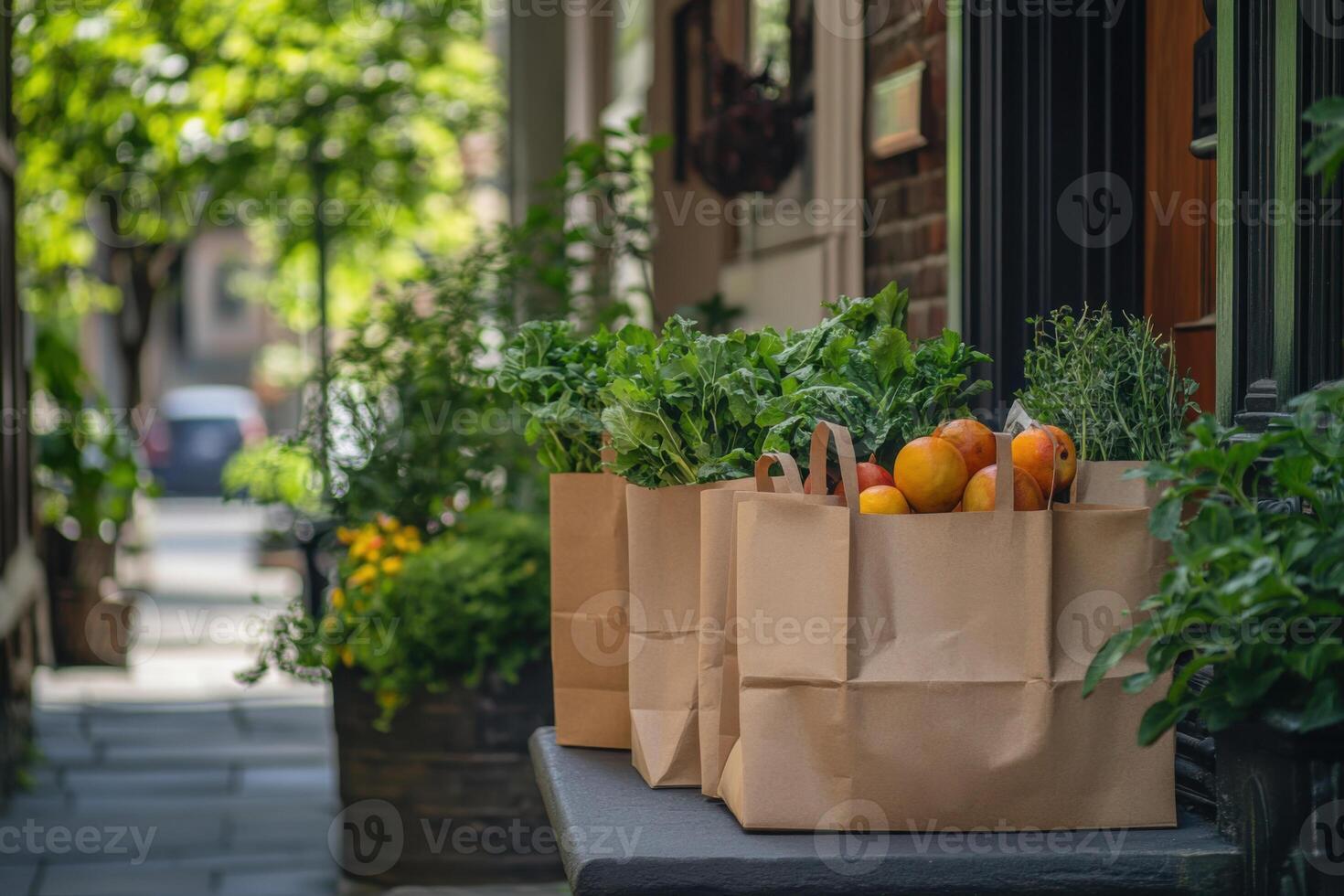Grocery bags filled with fresh produce sit on a doorstep in a residential street. Sunlight filters through the trees overhead illuminating the scene. photo
