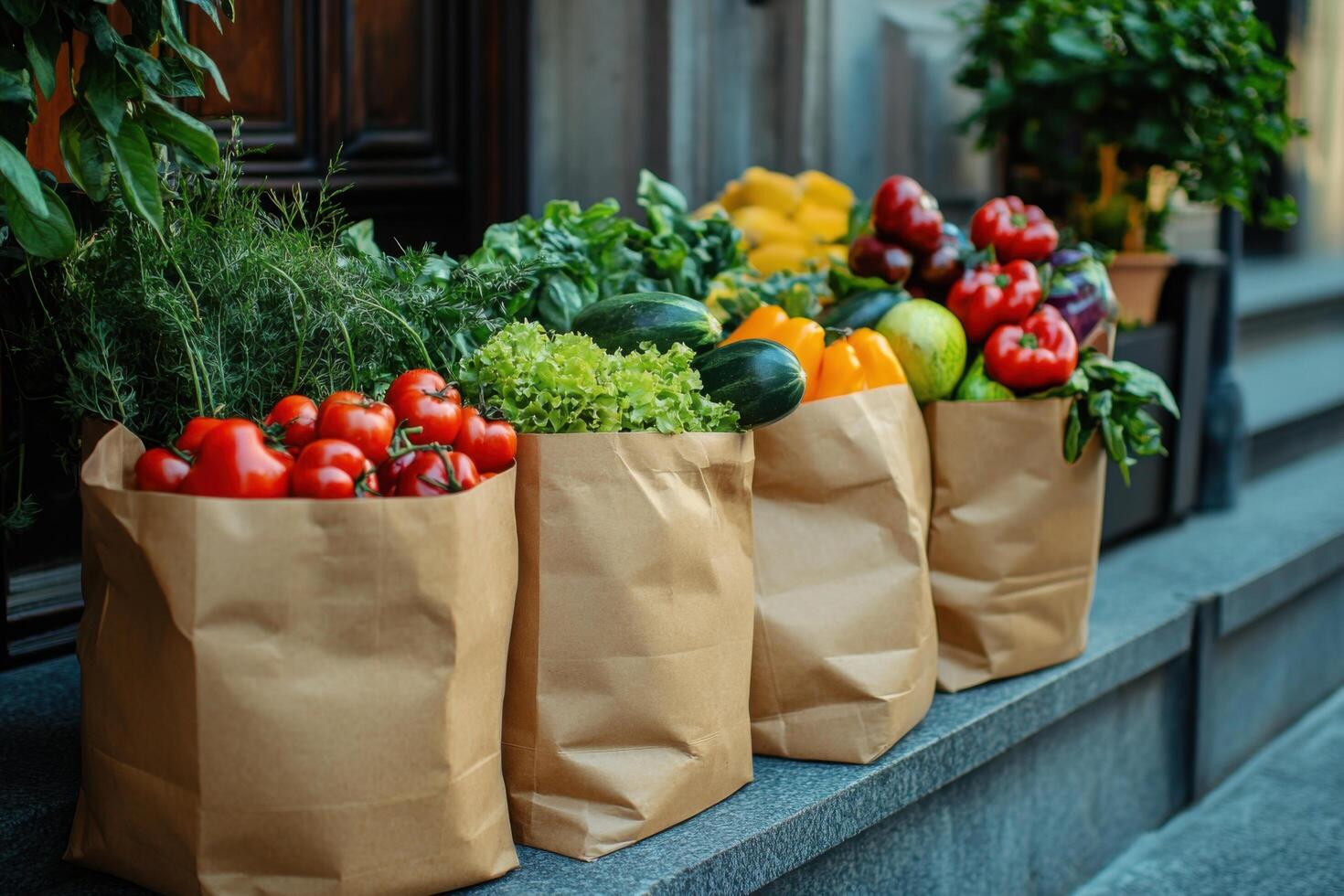 Paper bags filled with fresh vegetables and herbs sit on stone steps near dark wooden door. Food delivery concept showing healthy produce and plant boxes. photo