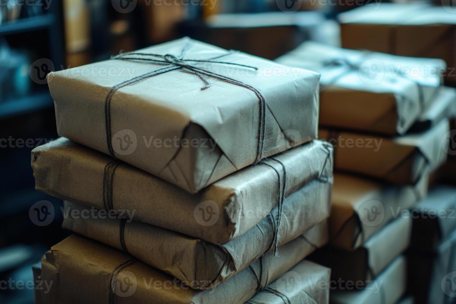 Stack of wrapped packages. Brown paper covers square boxes. Thin string ties each parcel. Several parcels are piled high. Indoor scene with dim lighting. photo
