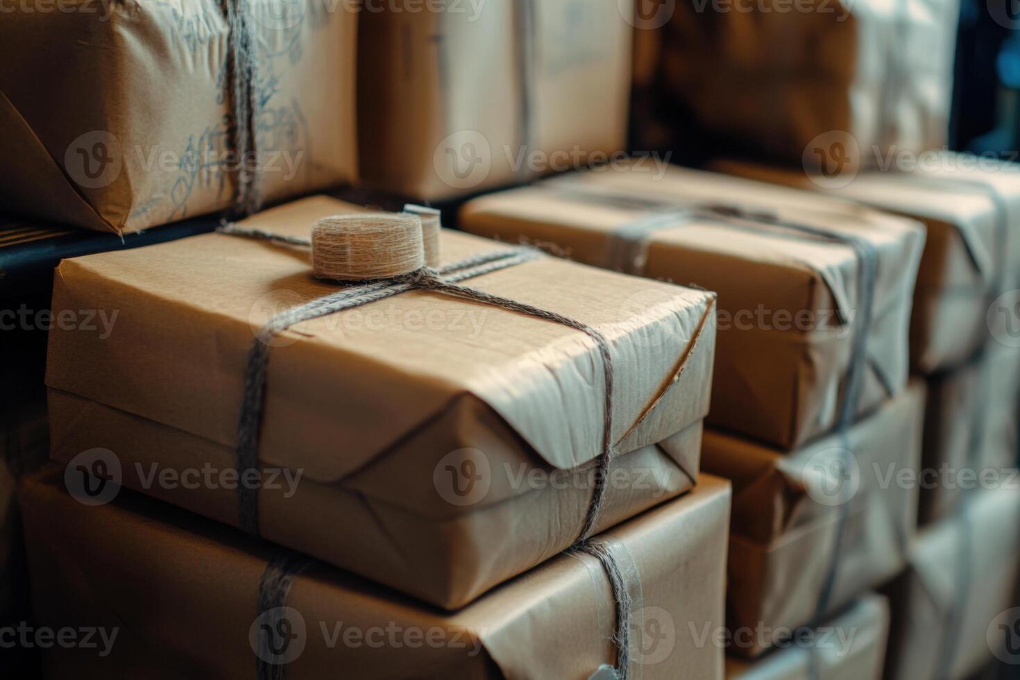 Stack of many brown paper packages tied with string. Parcels wrapped in simple paper. Packages stacked high. Delivery and gifts concept. Close up shot. photo
