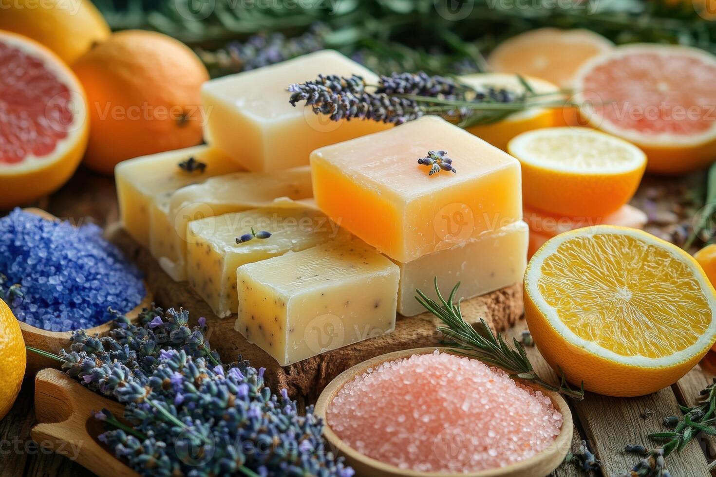 Handmade soap bars with lavender flowers and citrus fruits. Colorful bath salts in wooden bowls on rustic wooden background. Spa treatment concept. photo