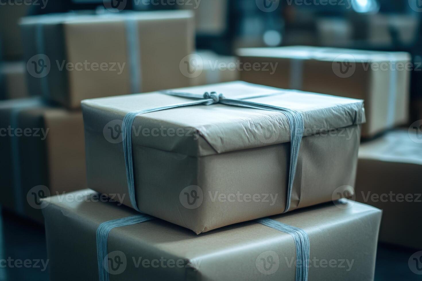 Stacked brown cardboard boxes sit with string. A delivery area setting. Packages ready for shipping. Warehouse storing parcels. photo