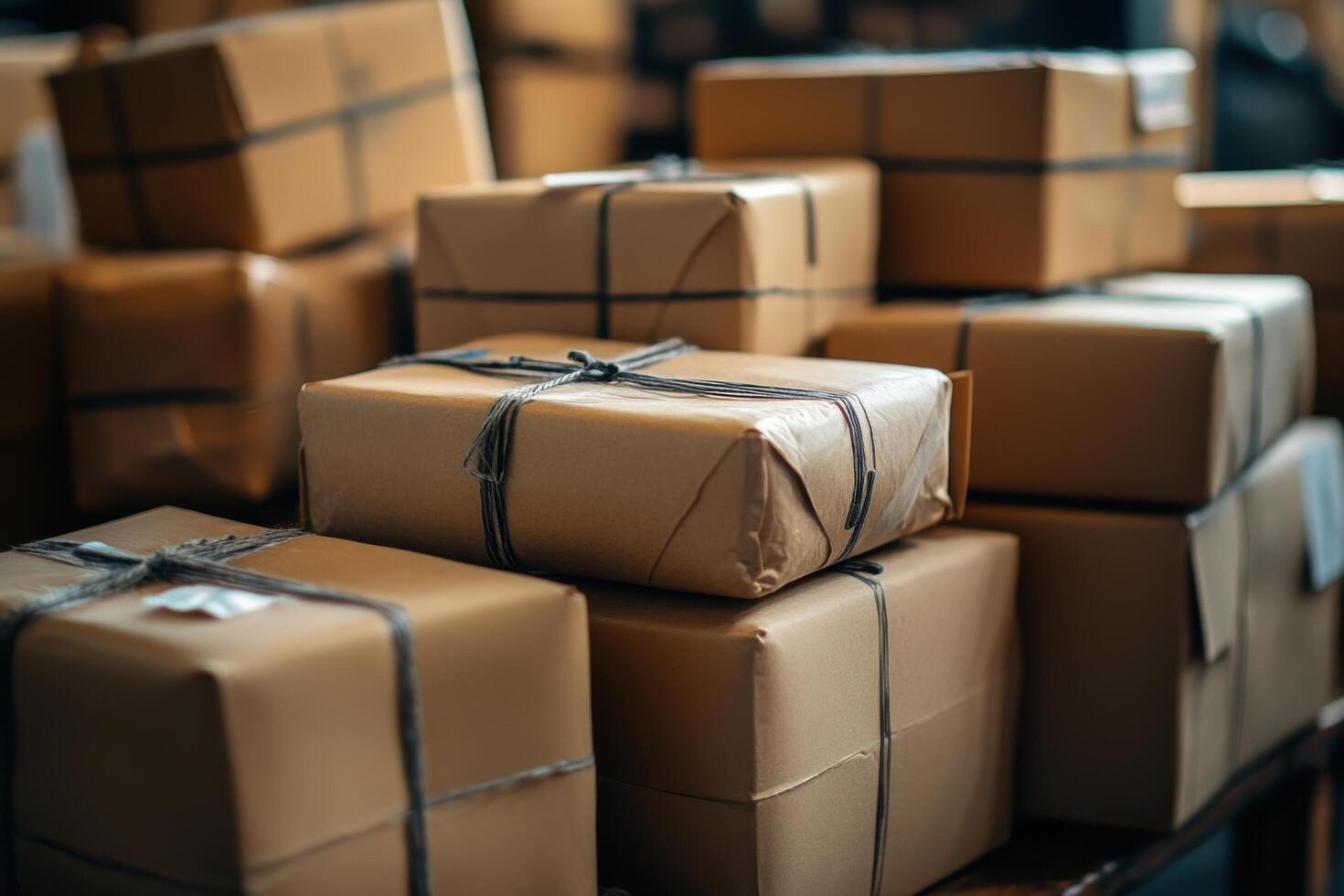 Stacks of brown paper packages. Parcels tied with string are piled high in dim warehouse. Close up of delivered wrapped goods. photo