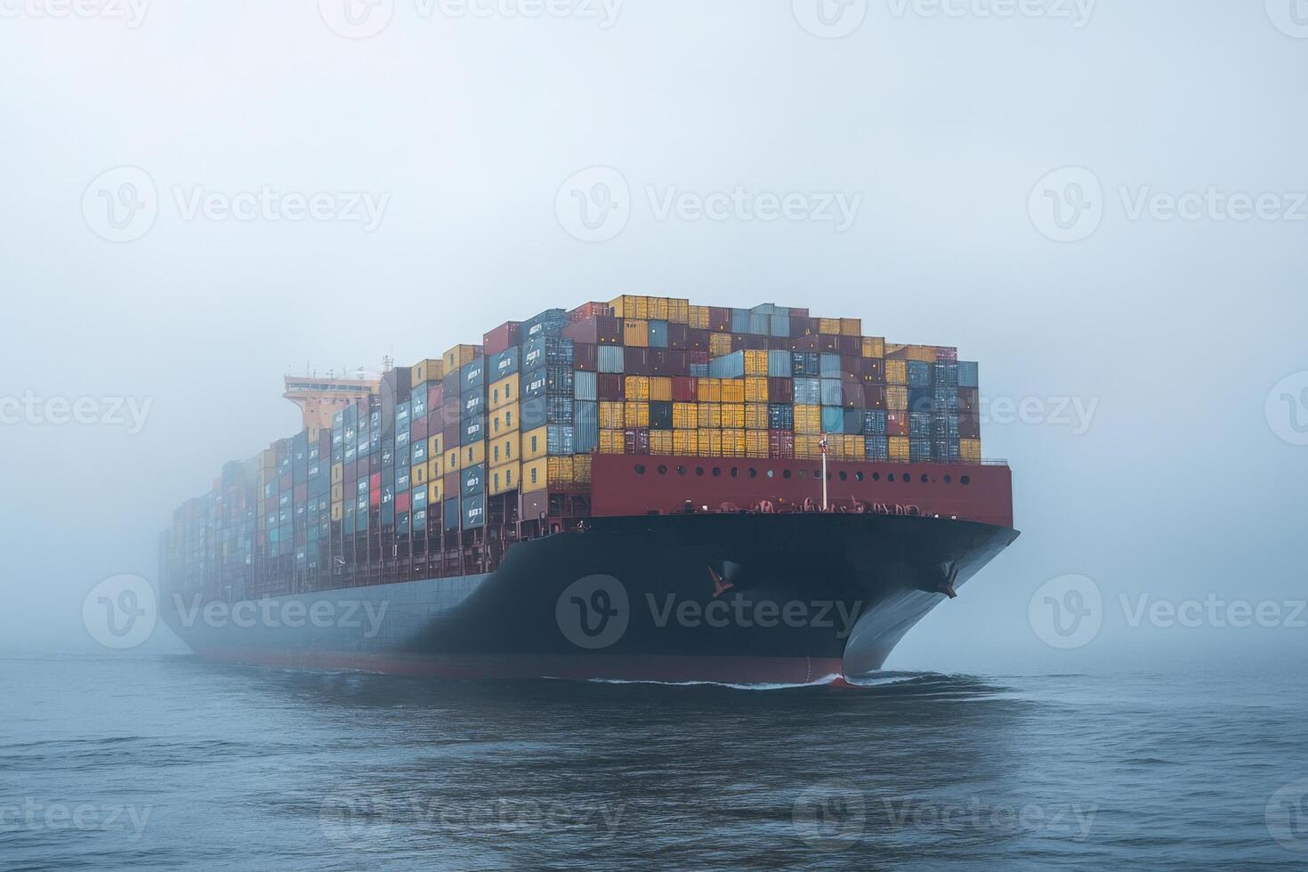 Large container ship transporting cargo sailing on the ocean. Vessels in dense fog. International trade and global economy. Maritime transport and freight transportation. photo