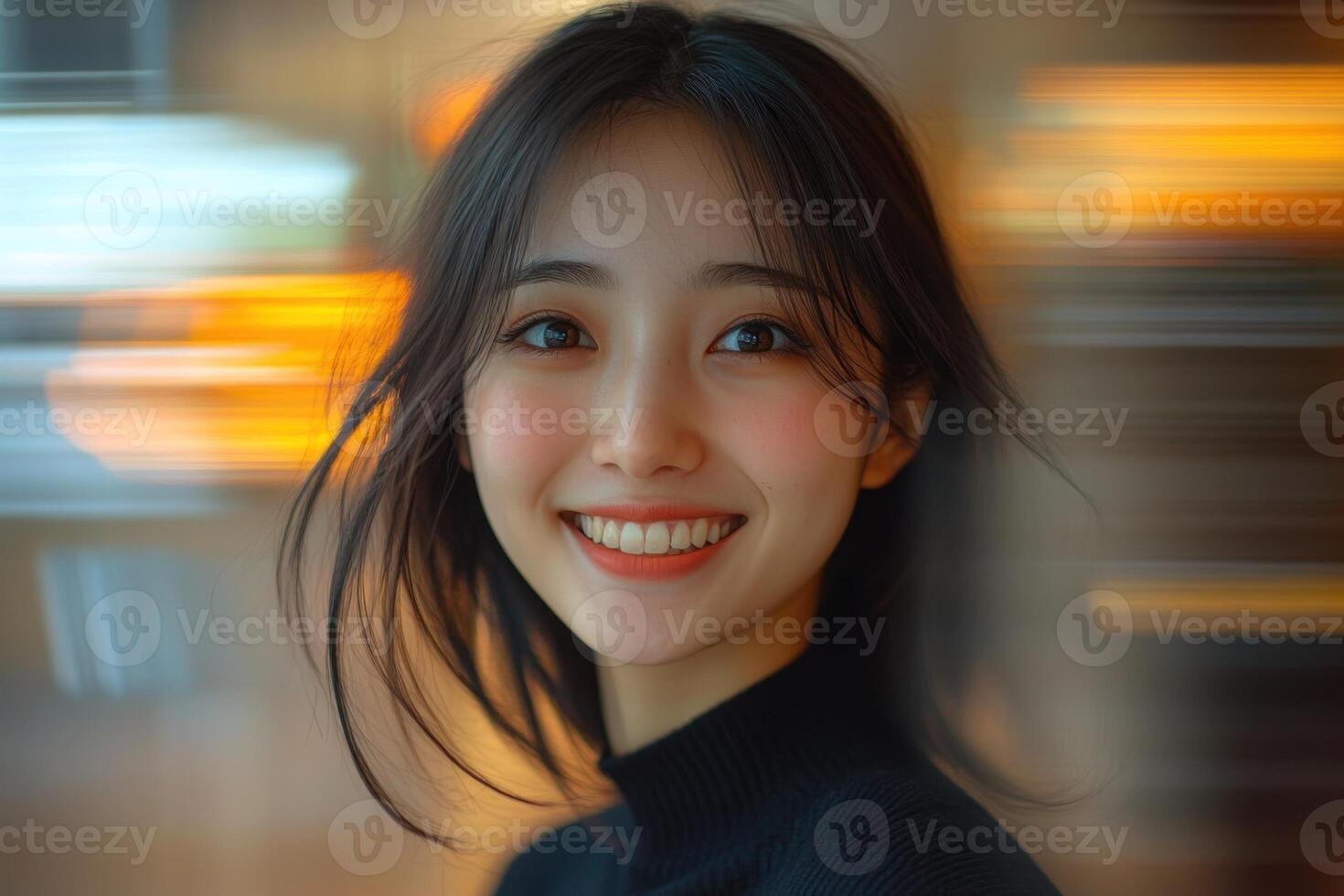 Young woman smiles with soft skin and dark hair. Light blurs in background. She wears a dark top. Head and shoulders close up portrait. photo